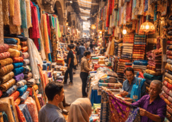 Deretan toko kain yang sangat lengkap di Pusat Grosir Tekstil Medan yang selalu ramai oleh pembeli setiap hari.