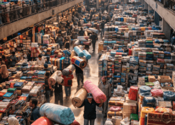 Kesibukan arus distribusi barang di dalam gedung Pusat Grosir Terbesar Medan yang melayani pedagang dari seluruh wilayah Sumatera.