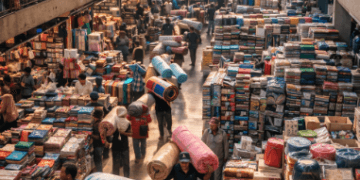 Kesibukan arus distribusi barang di dalam gedung Pusat Grosir Terbesar Medan yang melayani pedagang dari seluruh wilayah Sumatera.