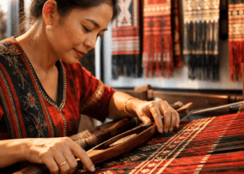 Proses pembuatan tenun tradisional di sebuah Pusat Kerajinan Ulos Medan yang menjaga kelestarian budaya lokal.