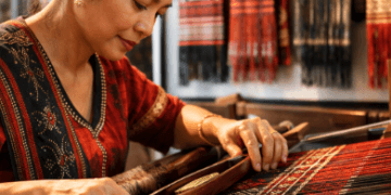 Proses pembuatan tenun tradisional di sebuah Pusat Kerajinan Ulos Medan yang menjaga kelestarian budaya lokal.