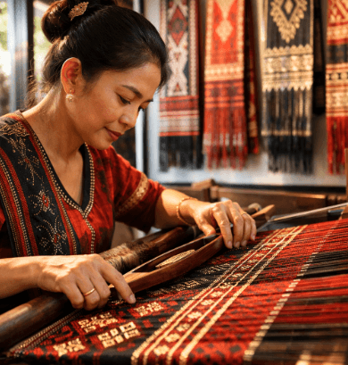 Proses pembuatan tenun tradisional di sebuah Pusat Kerajinan Ulos Medan yang menjaga kelestarian budaya lokal.