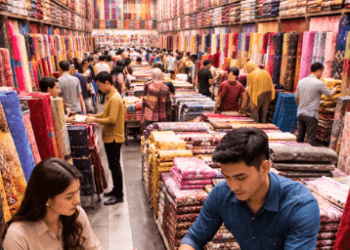Lautan warna-warni gulungan kain di Pusat Grosir Tekstil Medan yang melayani kebutuhan bahan pakaian di seluruh wilayah Sumatera.