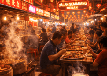 Deretan kedai makanan di Pusat Kuliner Oriental Medan Jalan Semarang yang selalu ramai pengunjung saat malam hari.
