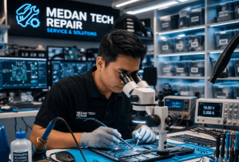 Suasana pengerjaan perbaikan di Pusat Servis Komputer Medan yang menggunakan standar peralatan modern dan teknisi ahli.