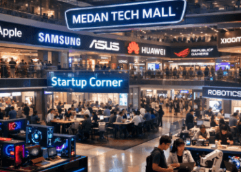 Suasana di dalam Pusat Teknologi Medan yang menjadi pusat aktivitas jual beli perangkat keras dan pengembangan kreativitas digital warga.