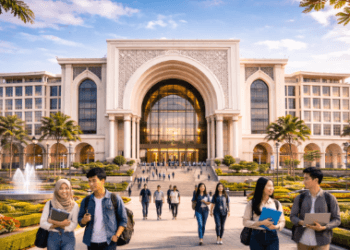 Foto gedung sekolah tinggi swasta Kota Medan megah memancarkan semangat belajar penuntut ilmu.