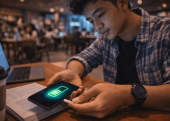 Infografis trik jaga daya ponsel pintar yang menampilkan mahasiswa memelihara umur mesin genggam.