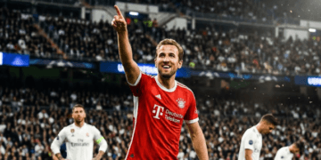 Harry Kane merayakan gol kemenangan Bayern Munchen di tengah kekecewaan para pemain Real Madrid di Santiago Bernabeu.