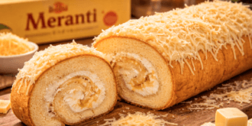 Kelezatan irisan Bolu Meranti Medan varian keju dengan tekstur bolu yang sangat lembut dan empuk.