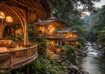 Konsep bangunan eco-resort di Bukit Lawang yang menyatu dengan keindahan alam hutan hujan tropis.