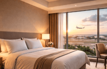 Interior kamar hotel dekat Bandara Kualanamu dengan fasilitas modern untuk kenyamanan transit