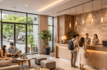 Interior lobi salah satu hotel di Binjai yang modern dan nyaman untuk para wisatawan.