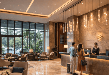 Lobi hotel mewah yang menjadi salah satu pilihan hotel dekat Stasiun Medan bagi para tamu.