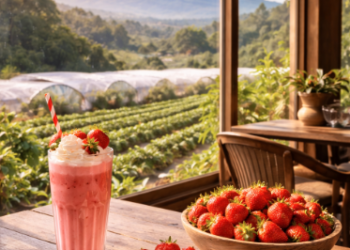 Suasana interior kafe stroberi di Berastagi yang estetik dengan suguhan menu minuman buah segar.