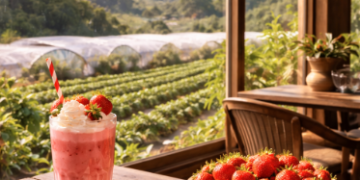 Suasana interior kafe stroberi di Berastagi yang estetik dengan suguhan menu minuman buah segar.