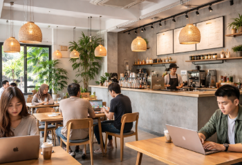 Interior salah satu Kafe Modern Tembung Medan yang memiliki desain minimalis dan nyaman.