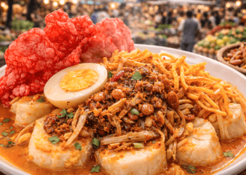 Kelezatan Lontong Medan Enak dengan tambahan teri kacang dan kerupuk merah yang renyah.