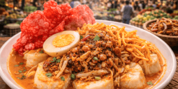 Kelezatan Lontong Medan Enak dengan tambahan teri kacang dan kerupuk merah yang renyah.