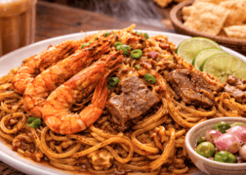 Sajian Mie Aceh Medan Enak dengan bumbu kari yang kental dan udang besar yang menggugah selera.