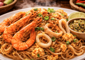 Kelezatan sepiring Mie Balap Medan dengan siraman saus cabai hijau yang pedas dan menggoda.