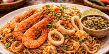 Kelezatan sepiring Mie Balap Medan dengan siraman saus cabai hijau yang pedas dan menggoda.