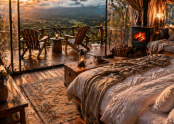 Pemandangan spektakuler dari jendela kamar sebuah penginapan di Berastagi saat pagi hari.