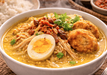 Kelezatan Soto Medan Enak dengan perkedel kentang dan taburan bawang goreng yang melimpah.