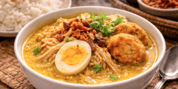 Kelezatan Soto Medan Enak dengan perkedel kentang dan taburan bawang goreng yang melimpah.