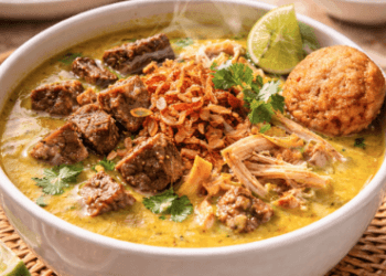 Sajian Soto Medan Legendaris dengan kuah santan kuning yang kaya rempah dan menggugah selera.