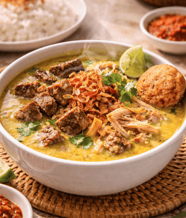 Sajian Soto Medan Legendaris dengan kuah santan kuning yang kaya rempah dan menggugah selera.