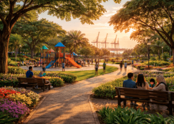 Pengunjung menikmati fasilitas ruang terbuka hijau di Taman Wisata di Belawan yang asri dan sangat ramah untuk rekreasi keluarga.