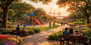 Pengunjung menikmati fasilitas ruang terbuka hijau di Taman Wisata di Belawan yang asri dan sangat ramah untuk rekreasi keluarga.