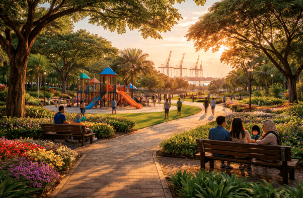 Pengunjung menikmati fasilitas ruang terbuka hijau di Taman Wisata di Belawan yang asri dan sangat ramah untuk rekreasi keluarga.