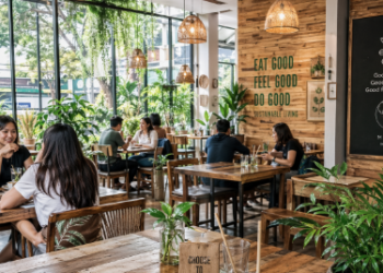 Interior sebuah Kafe Eco-Friendly di Medan Terbaru yang menerapkan konsep keberlanjutan pada setiap detail ruangannya.