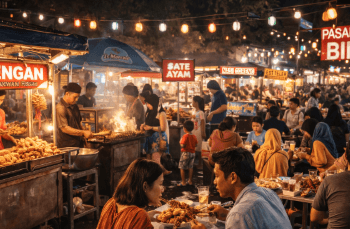 Suasana meriah para pengunjung yang sedang menikmati wisata kuliner Binjai di Pasar Kaget pada malam hari.