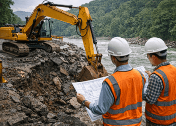 Alat berat sedang melakukan perbaikan awal pada badan jalan yang terputus akibat abrasi sungai saat banjir melanda Kabupaten Donggala.