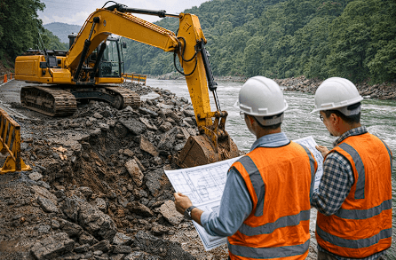 Alat berat sedang melakukan perbaikan awal pada badan jalan yang terputus akibat abrasi sungai saat banjir melanda Kabupaten Donggala.