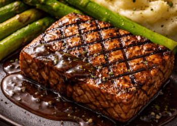 Sajian steak tempe rumahan yang menggugah selera dengan saus lada hitam dan sayuran segar.