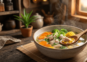 Semangkuk hidangan dari resep sup gurih favorit anak yang kaya akan sayuran berwarna-warni untuk asupan nutrisi saat menonton bola.