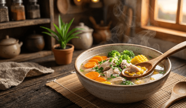 Semangkuk hidangan dari resep sup gurih favorit anak yang kaya akan sayuran berwarna-warni untuk asupan nutrisi saat menonton bola.