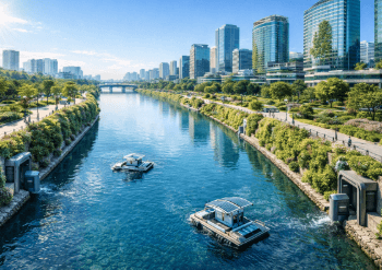 Pemandangan hasil Restorasi Sungai Deli 2026 dengan air yang jernih dan fasilitas publik yang sangat modern di pinggir sungai.