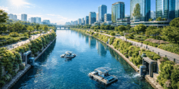 Pemandangan hasil Restorasi Sungai Deli 2026 dengan air yang jernih dan fasilitas publik yang sangat modern di pinggir sungai.