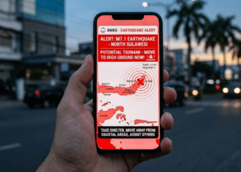 Melihat tampilan layar ponsel dalam review aplikasi peringatan dini gempa untuk memantau aktivitas tektonik di wilayah Sulawesi Utara.