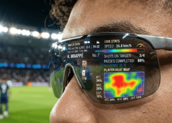 Tampilan antarmuka digital pada lensa dalam review kacamata pintar AI yang menyajikan statistik pemain sepak bola secara langsung.