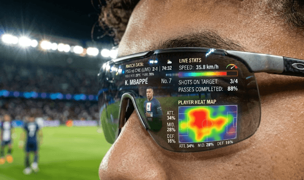 Tampilan antarmuka digital pada lensa dalam review kacamata pintar AI yang menyajikan statistik pemain sepak bola secara langsung.