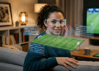 Menggunakan kacamata pintar dalam review kacamata pintar AI 2026 untuk melihat statistik pertandingan sepak bola secara langsung.