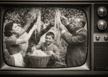 Dokumentasi visual mengenai Review Prank BBC 1957 yang menampilkan keluarga sedang memanen mi dari dahan pohon di Swiss harian.