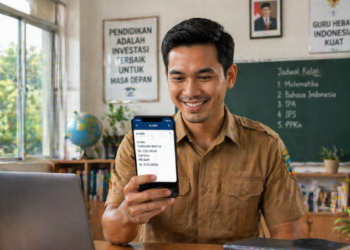 Foto guru muda tersenyum mengecek rincian penghasilan abdi negara melalui ponsel pintar di ruang kelas modern,