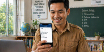 Foto guru muda tersenyum mengecek rincian penghasilan abdi negara melalui ponsel pintar di ruang kelas modern,